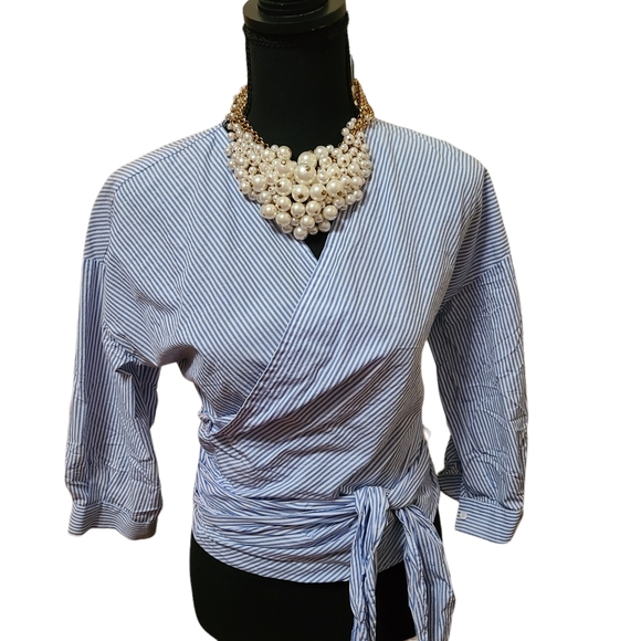 H&M cross wrap top blue stripes on  white - Picture 2 of 8